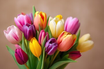 Obraz premium Bouquet of Multicolored Tulips with Blurred Background
