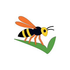 Cartoon Bee on Green Leaf Vector Illustration