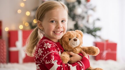 A smiling young girl in a festive Christmas sweater holding a teddy bear, surrounded by gifts and a decorated tree.