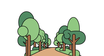 A charming cartoon illustration of a winding path through a stylized forest.