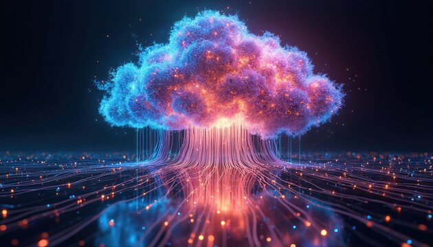 Digital cloud transmits data via neon wires in dark cyberspace. Artificial intelligence visualization of big datum connectivity, network. Modern technology background shows cyber communication in - Powered by Adobe