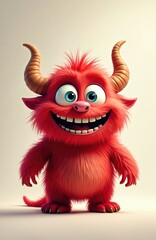 Red cartoon monster with big blue eyes and horns smiling on light background. Friendly furry creature with playful happy vibe. Cute character with open mouth and sharp teeth.