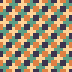 Pattern created from small gold and dark purple squares on larger cream and teal green squares