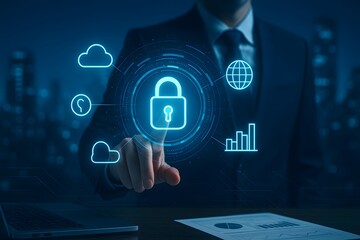 Cybersecurity and Data Protection — Digital Lock and Cloud Icons