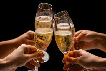 A celebratory toast with champagne flutes held by multiple hands against a dark background in studio shot