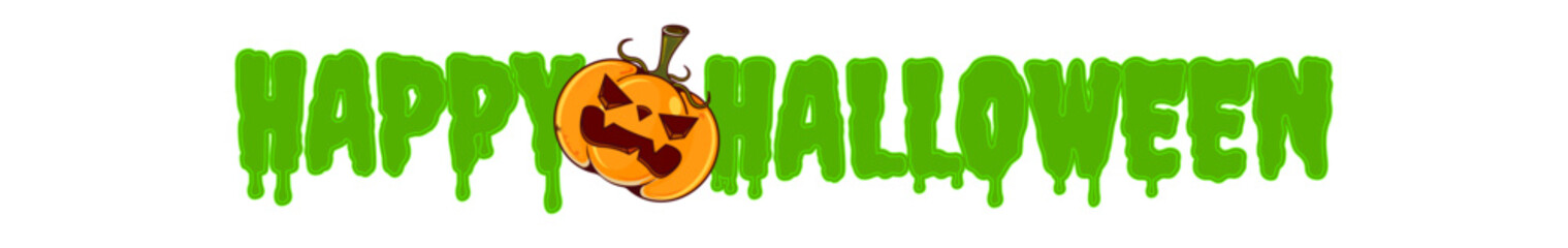 Funny cartoon pumpkin and green Happy Halloween text for a wide banner. Happy halloween wide banner with cartoon funky pumpkin and greeting green text