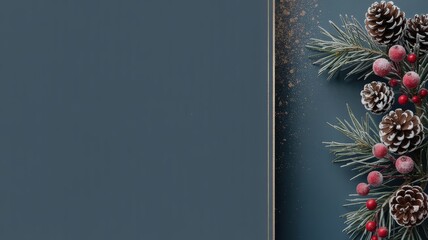 A festive arrangement of pine cones and red berries on a dark blue background, evoking a winter holiday theme.