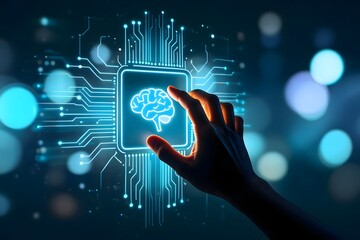 Hand touching glowing brain icon on digital circuit board representing artificial intelligence concept
