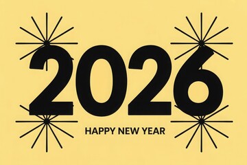 Happy New Year 2026 with stylized fireworks on a yellow background.