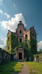Fototapeta premium Abandoned ornate brick building overgrown with green ivy. Old ruined mansion with broken windows, arched doorway. Nature reclaims historic architecture. Cloudy blue sky above. Grassy area surrounds