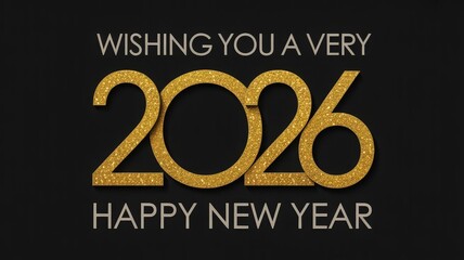 Wishing you a very Happy New Year 2026 with a golden glitter design on a black background.