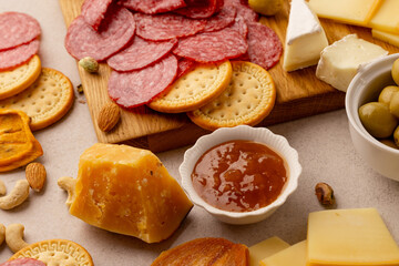 gourmet close-up charcuterie board with round crackers, sliced salami, brie, hard cheese wedges, green olives, nuts and fruit preserves on rustic wood, festive party appetizer, bright daylight snack