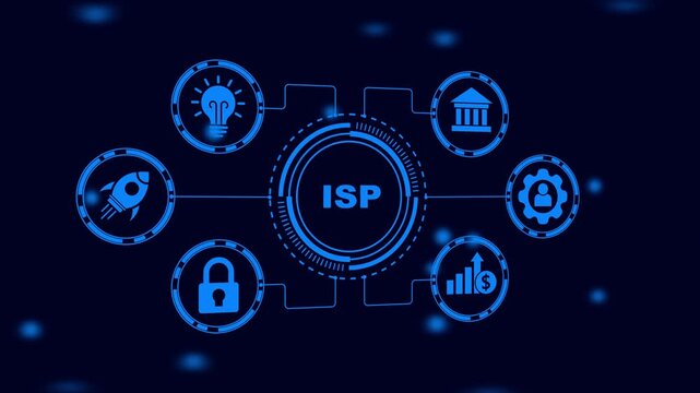 Internet Service Provider concept with connected icons and glowing blue background technology network