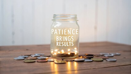 Inspirational message in a jar with coins and lights symbolizing patience and financial success on a rustic wooden surface