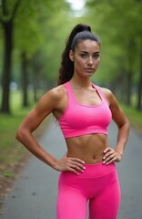 Fototapeta premium Fit woman in pink sportswear poses outdoors in park. Muscular athlete with athletic body shows strength and health. She is ready for training and exercise.