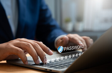 Cybersecurity protects login and secure internet access, Businessman secure data on laptop with encryption and network protection. Secure login and digital privacy, Business confidentiality.