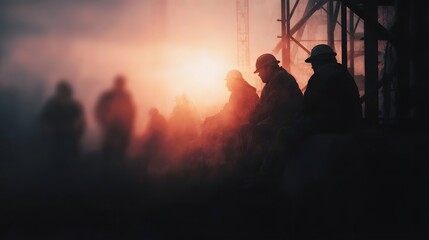Fototapeta premium Silhouetted industrial workers take a break amidst hazy morning or evening light and construction structures