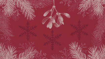 A festive Christmas background featuring mistletoe, pine branches, and snowflakes on a red backdrop.