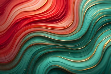 Abstract flowing lines with red and green hues and golden accents creating a dynamic composition
