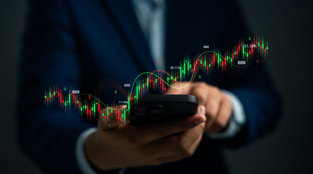 Investors analyze stock market index on virtual screen, Business investors use smartphone application to track stock market charts, Indicators, Investment strategies for global asset trading.