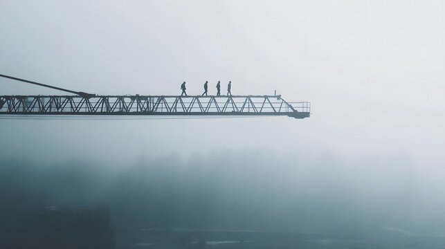 Silhouettes of workers traversing a high crane boom enveloped in atmospheric fog hinting at industrial progress and human endeavor