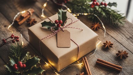A beautifully wrapped Christmas gift sits on a rustic wooden table adorned with festive decorations.