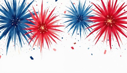 Colorful festive fireworks display on white backdrop. Red, blue watercolor fireworks for celebration. Decorative design element for party, holiday events. Vibrant artistic illustration with confetti
