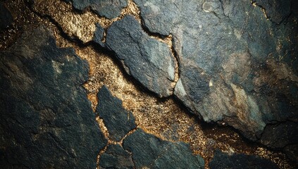 Obraz premium Close-up view of a dark, fractured rock formation with veins of golden material