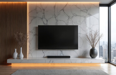 Fototapeta premium Stylish living room boasts gray marble wall with integrated TV unit. Warm lighting wood paneling, sleek design elements. Vases add subtle decor touches to modern apartment interior. City view visible