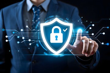 Man in suit touching digital shield with padlock and checkmark representing cyber security concept