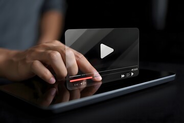 Person using a tablet with a transparent video player interface in a dark setting for entertainment