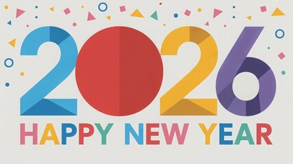 Happy New Year 2026 greeting with colorful confetti and abstract numbers.