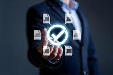Businessman holding glowing checkmark surrounded by document icons in a dark blue background scene