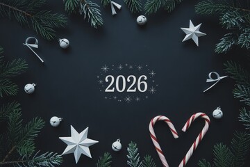 A festive New Year's Eve celebration for 2026, featuring Christmas decorations like pine branches, ornaments, candy canes, and stars.