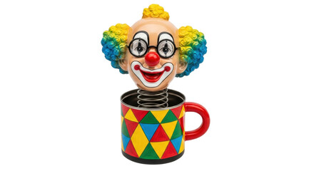 Isolated clown-in-a-mug toy with spring popping from a colorful mug with a red handle
