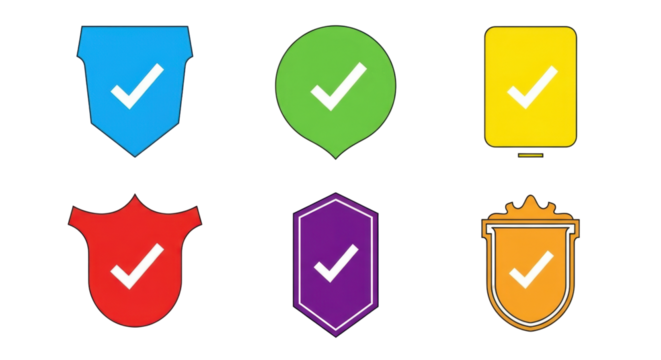 Isolated multi-colored shield shapes with checkmark, emblem for protection, security, or validation