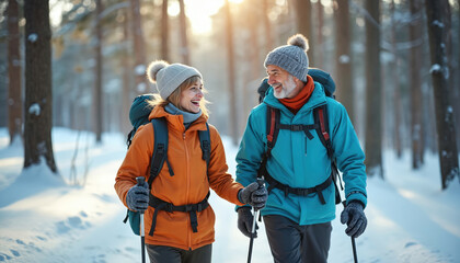 Senior couple hiking in snowy forest. Mature man and woman wearing warm clothing, backpacks and trekking poles walk on snowy path. Elderly pair enjoy winter adventure together.