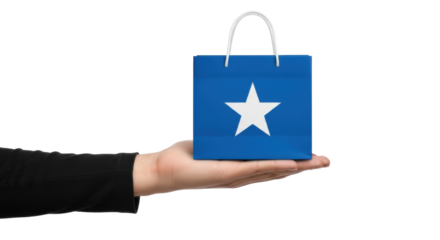 Isolated person holding blue gift bag featuring a star design against a neutral backdrop