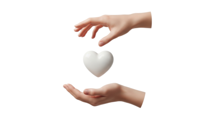 Isolated white heart between two hands represents caring and support for love health