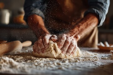 Hands Kneading Dough on Floured Kitchen Counter for Home Baking