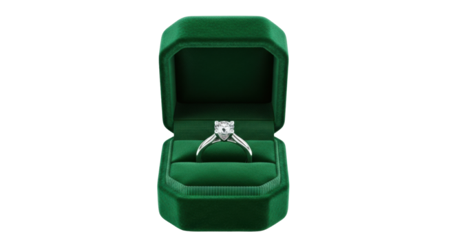 Isolated engagement ring in green velvet box_luxury wedding item, love symbol_gift
