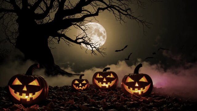 Dramatic Halloween Pumpkins Under Full Moon and Bare Tree Silhouette