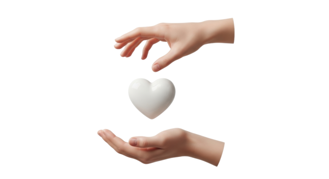 Isolated white heart between two hands represents caring and support for love health