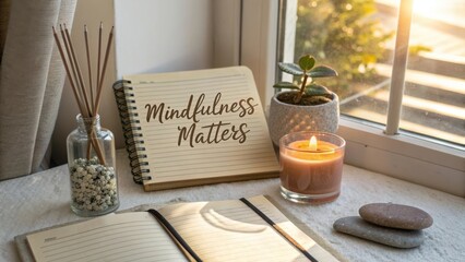Mindfulness Matters Written in a Notebook Beside a Candle, Stones, and a Small Plant by a Sunlit Window
