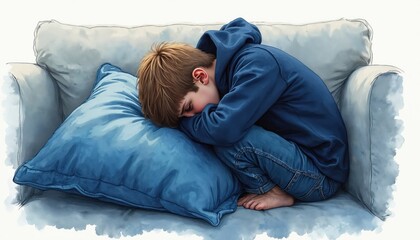Sad young boy in blue hoodie sits alone on sofa hugging pillow. Teenager feels sorrow and loneliness curled up. Downcast teen sits on couch with head on pillow alone at home.