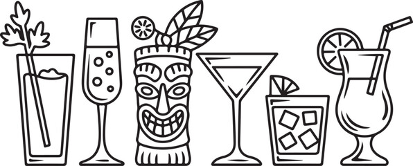 Tropical Cocktail Drinks Outlines Collection Black and White Line Art