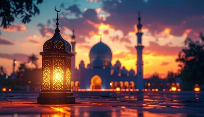Captivating Scene of Mosque and Lantern at Sunset, Evoking Peace and Spirituality
