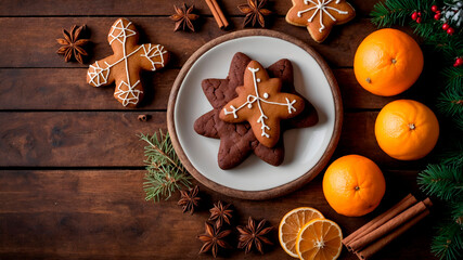 Warm Christmas flat lay with cookies, cocoa, spices, and rustic details creating a cozy festive feeling.
