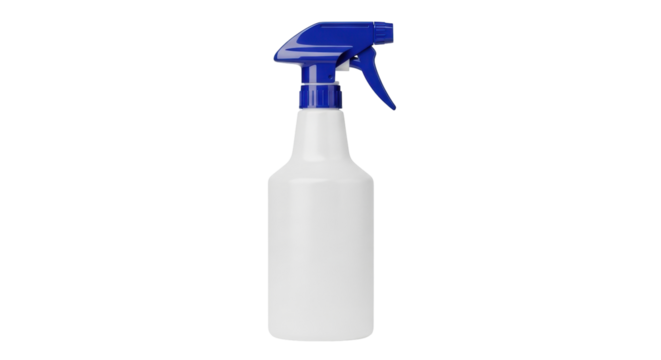 Isolated spray bottle with blue nozzle for cleaning, spraying liquid products or liquids