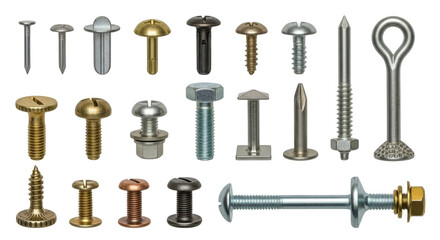 Isolated Collection of Fasteners Nails Screws and Bolts, Metal Hardware Components on a Plain Surface